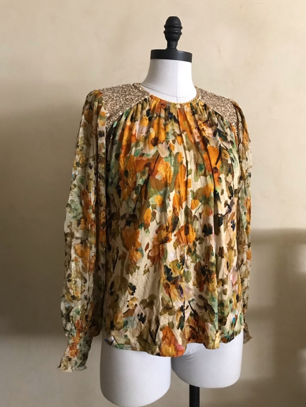 Floral Sequin Shoulder Long-Sleeve Blouse in Mustard